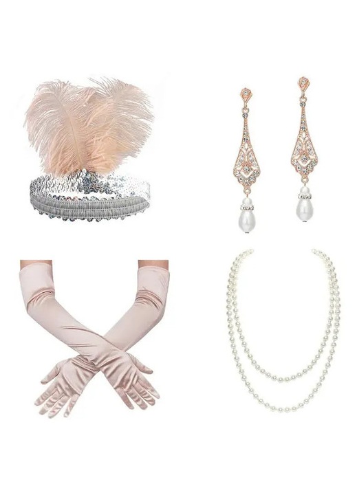 Set accesorii vintage pentru femei, banda cu pene si paiete, colier dublu de perle, cercei cu perla picatura si manusi din satin, roz, marime unica