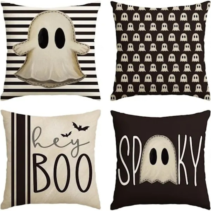 Husa fata de perna decorativa Halloween Hey Boo 31CJ-K0274-260831-3134, poliester, imprimeu fantome, fermoar ascuns, negru/crem, set 4, 45 x 45 cm