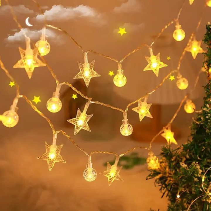 Ghirlanda lumini LED 31CJ-K0274-260831-5270, decoratiuni stea si globuri cristal, galben cald, 3 m, pentru interior/exterior