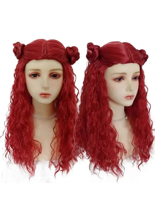 Peruca sintetica pentru femei din fibra termorezistenta, lunga, cret/ondulata cu cocuri pentru cosplay, rosu