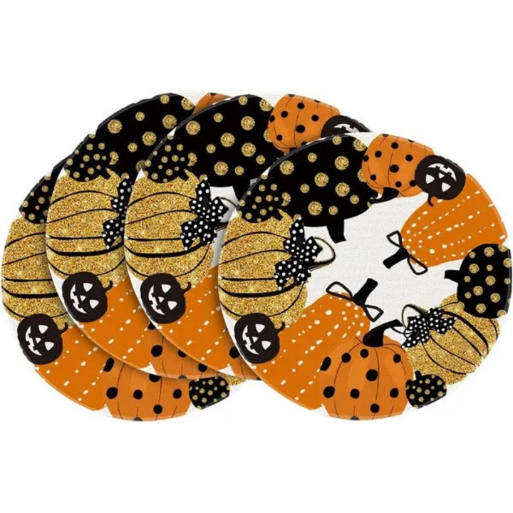 Set de 4 suporturi rotunde pentru farfurii din poliester, model Halloween cu dovleci, multicolor, 35 cm