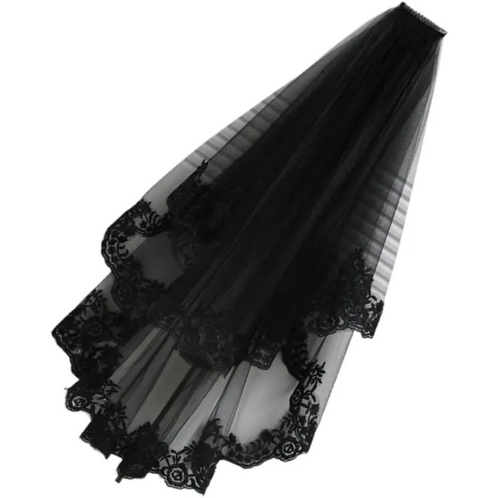 Voal de mireasa din tull cu dantela, lung, margini brodate, negru, 78 x 38 cm, cu pieptene