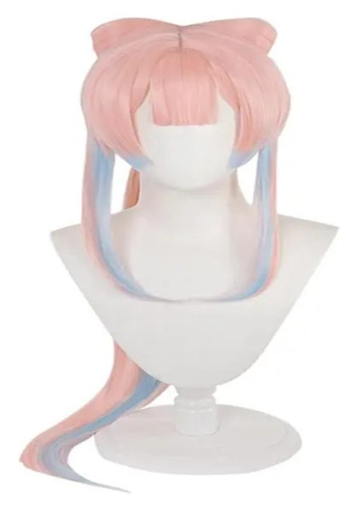 Peruca din par sintetic rezistent la caldura, lunga cu coada impletita si funda, pentru cosplay, ombre roz/albastru, marime ajustabila