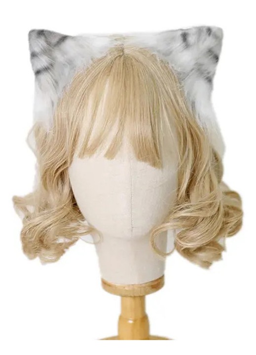 Agrafa de par cu urechi de pisica din plus, model tabby, alb/gri, universal 55-60 cm