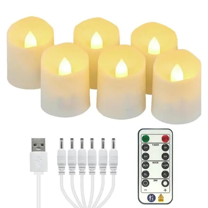 Lumanari LED reincarcabile 31CJ-K0274-260831-2325, set 6 bucati cu telecomanda, efect palpaitor, incarcare USB, alb cald