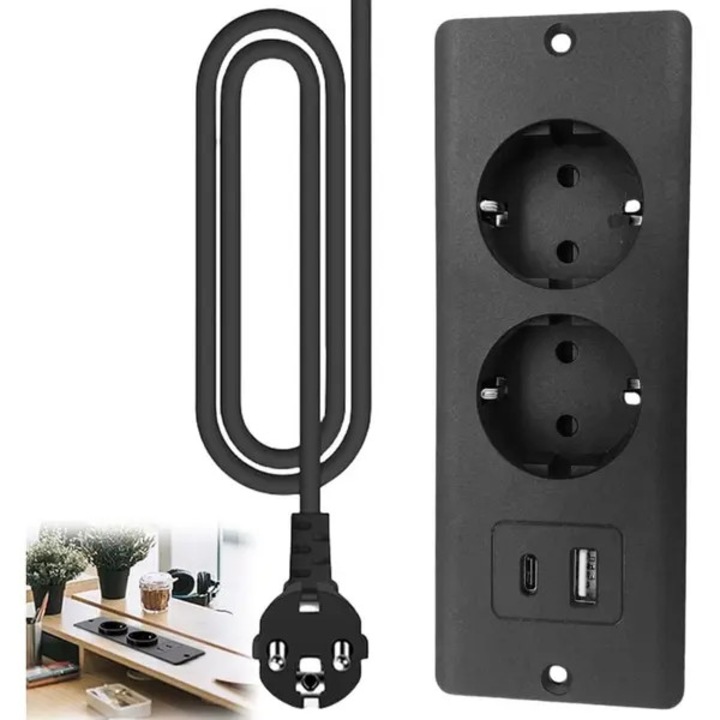 Priza incastrabila pentru birou cu 2 prize Schuko, 1 USB-A si 1 USB-C PD20W, 16A/3840W, negru, 160 x 60 x 45 mm, model 31CJ-K0274-260831-5185