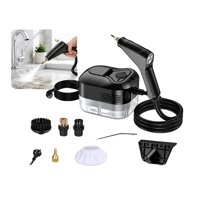 Aparat de curatat cu abur portabil 8785371880797, 1500W, pana la 130°C, rezervor 1200ml, 6 trepte, set accesorii (perii nylon/alama, tija extensie, perie sticla), negru