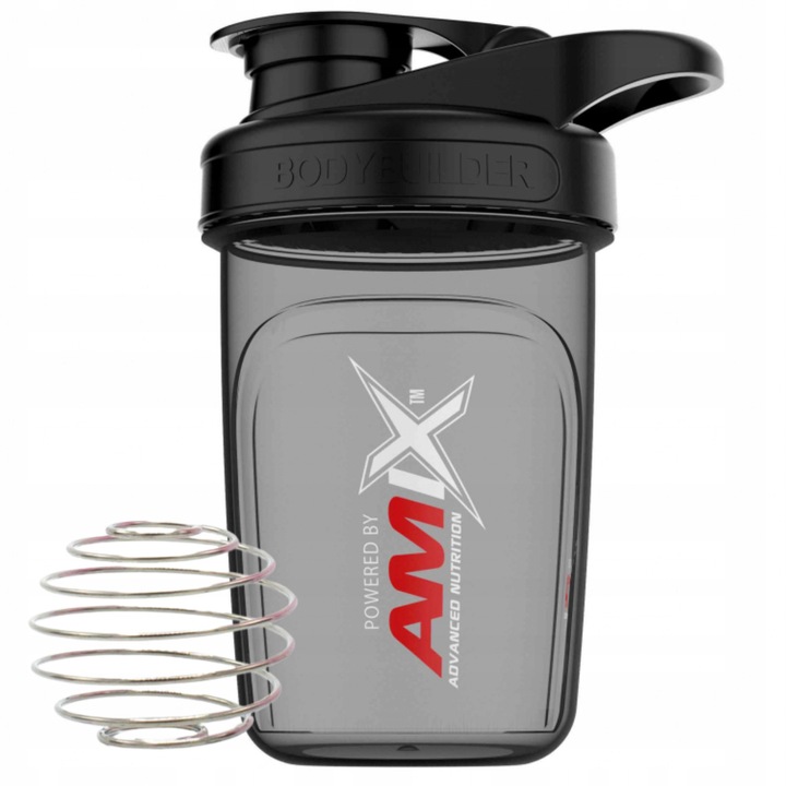 Shaker mini 300ml AMIX, negru, cu bilă integrată, pentru cocktailuri și suplimente