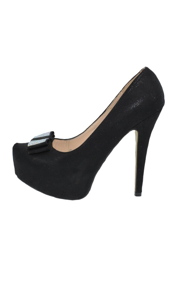 Pantofi din material lucios, cu toc inalt si fundita,D&J Exclusive, Negru