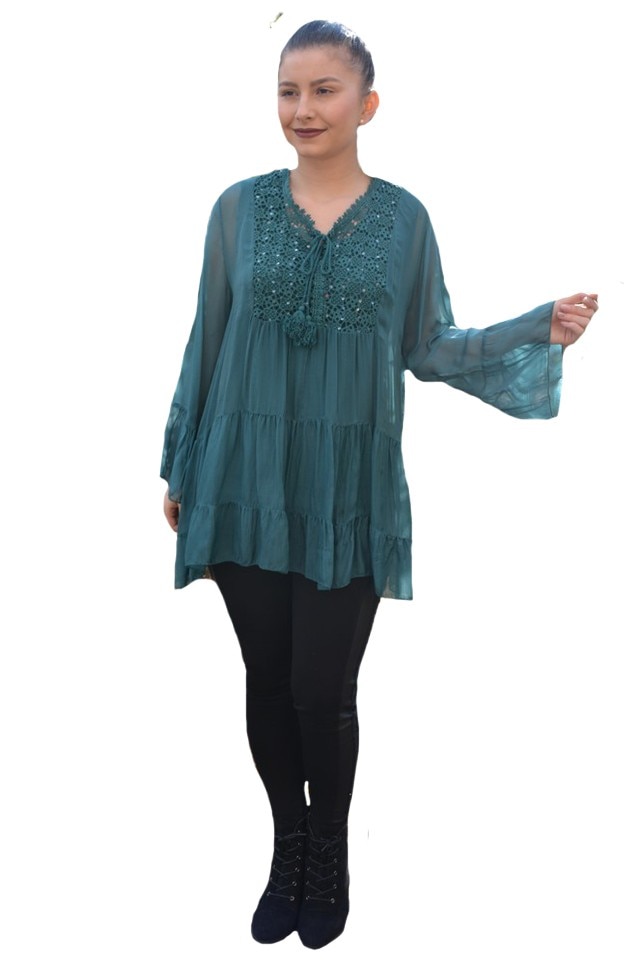 Bluza vaporoasa Alia cu insertii de broderie si paiete la decolteu,D&J Exclusive, Verde