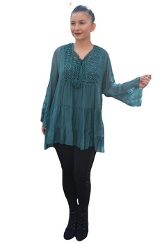 Bluza vaporoasa Alia cu insertii de broderie si paiete la decolteu,D&J Exclusive, Verde Bluza vaporoasa Alia cu insertii de broderie si paiete la decolteu,D&J Exclusive, Verde