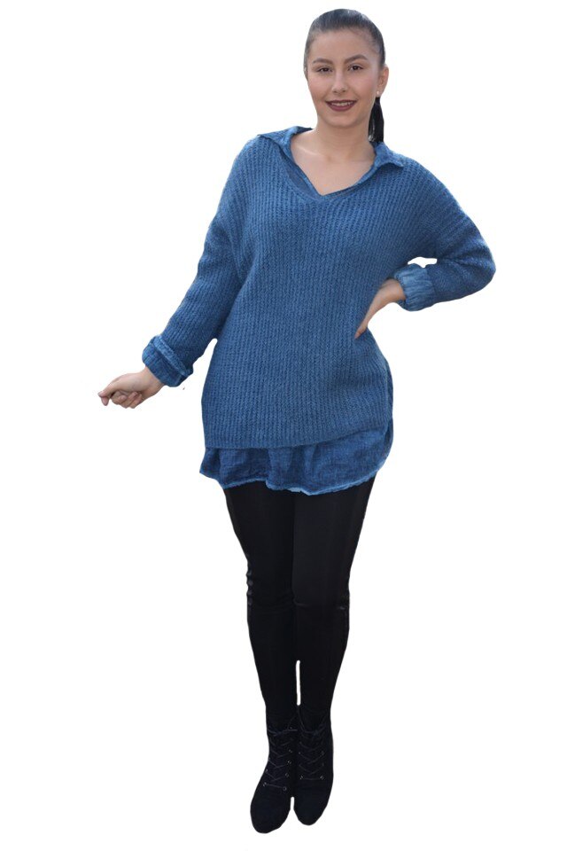 Bluza casual Ioana din tricot cu guler,D&J Exclusive, Bleumarin