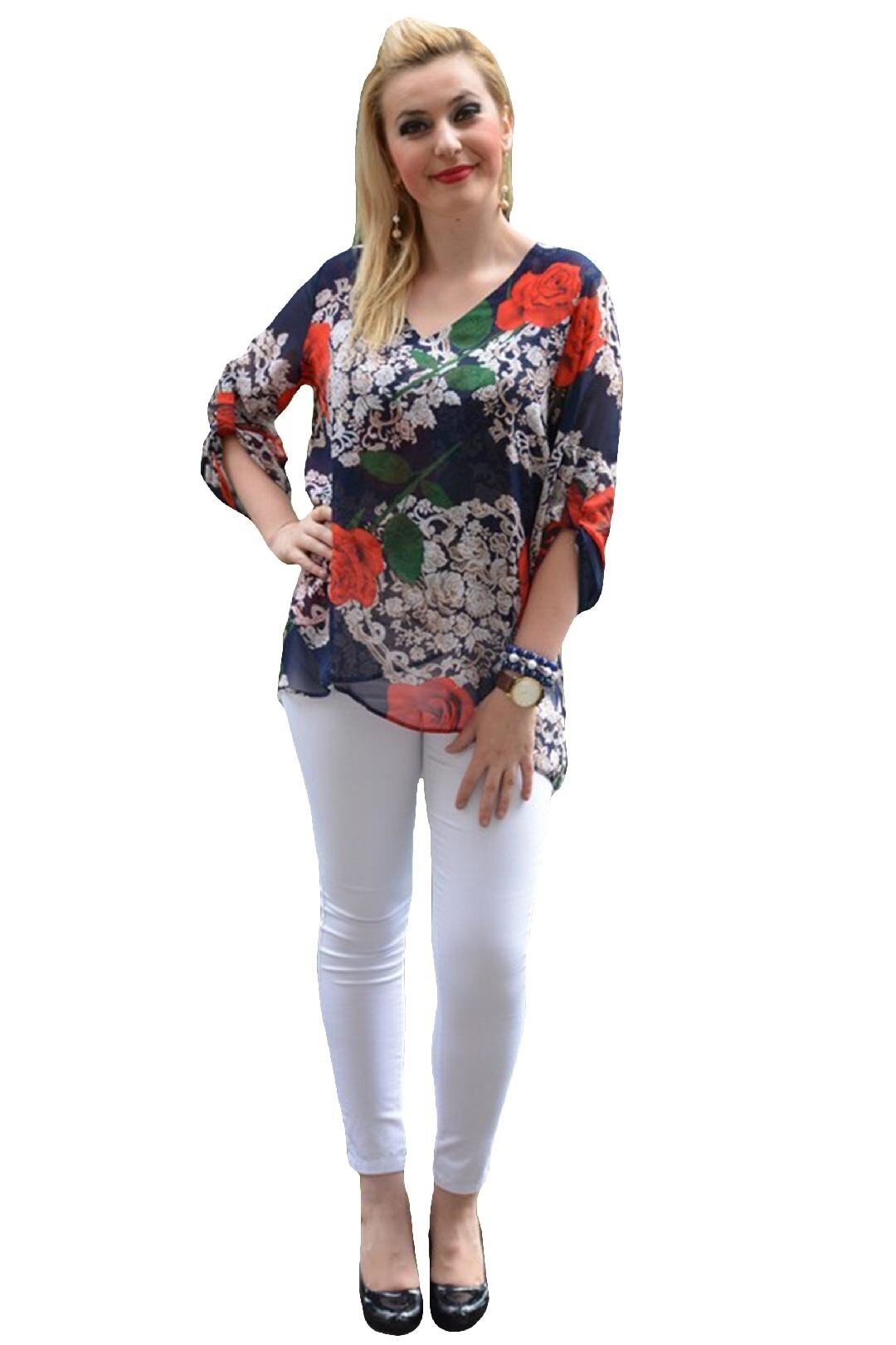 Bluza moderna cu trandafiri, D&J Exclusive, Bleumarin