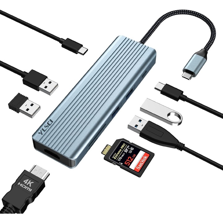 Докинг станция USB-C 9-в-1 YLSCI, HDMI 4K, 3 USB-A порта, бързо зареждане 100W, компактна