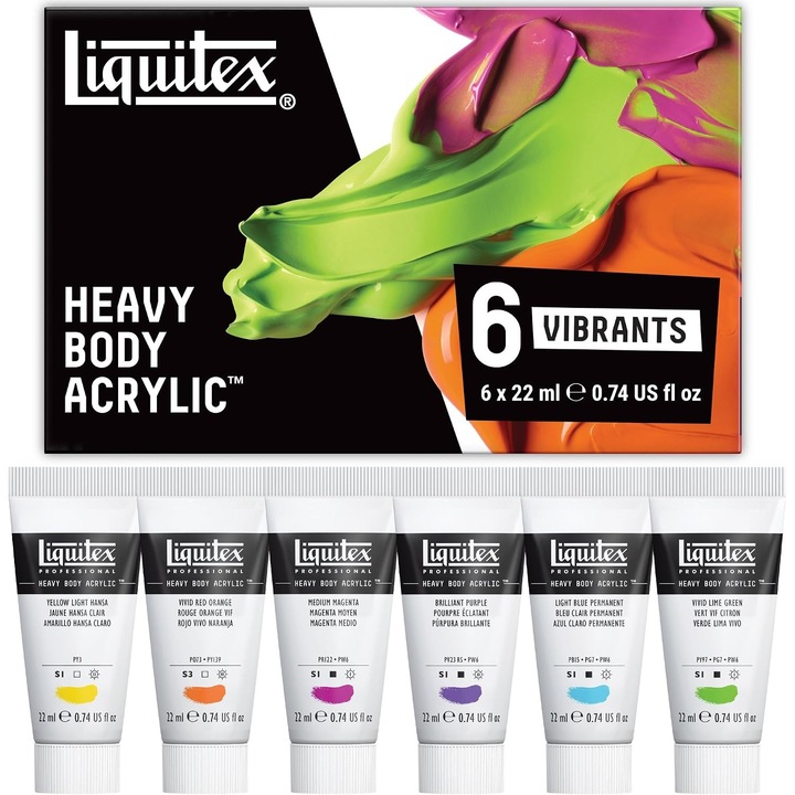 Комплект акрилни бои Heavy Body Liquitex, 6 x 22ml, Живи цветове, Водоустойчиви