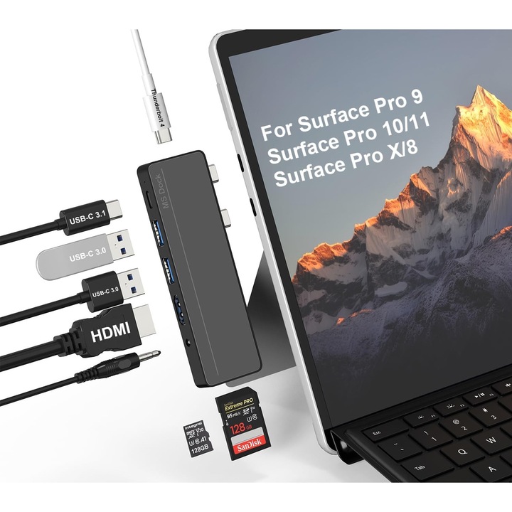 Докинг станция Cbcuyle за Surface Pro 8/9/10/11/X, 8 порта, 4K HDMI, Thunderbolt 4, компактен дизайн