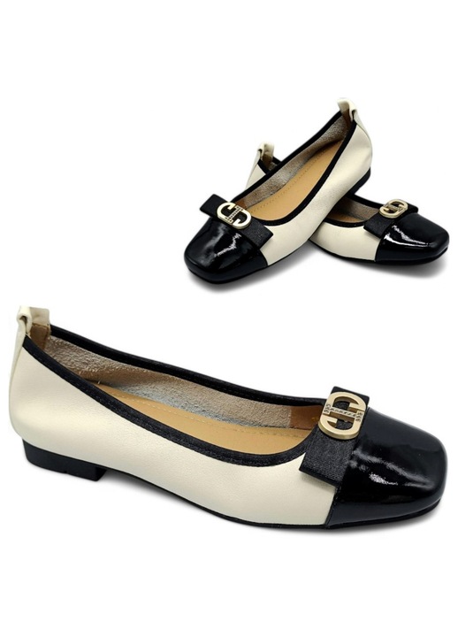 Дамски обувки, Loretta Vitale, от естествена кожа, тип slip-on, ток 1,5 см, бежово-черни, размер 38