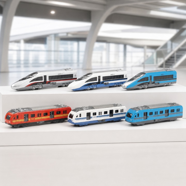 Комплект от 6 високоскоростни влакчета тип TGV от метал, приблизително 12 см, врати за пътници с отваряне, модулни взаимосвързани кутии, различни модели и цветове, VisionXXI