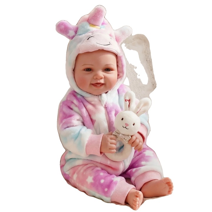 Papusa reborn 8785371756580, vinil soft-touch, membre articulare, gene implantate manual, textura realista a pielii, multicolor, 44 cm