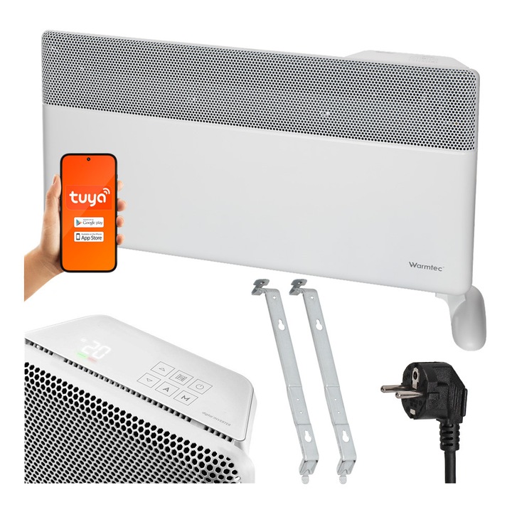 Convector electric de perete/podea cu Wi-Fi, cu inverter, Warmtec EGI-20, putere 2000 W, termostat electronic, grad de protectie IP24, 80 x 42 x 9 cm, alb