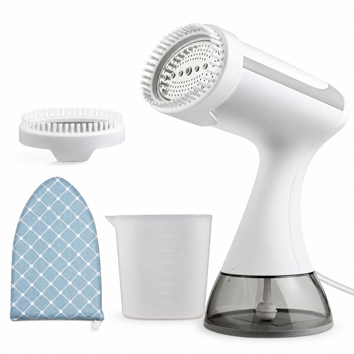 SteamEase Pro GS002-KA – Aparat de Calcat cu Aburi Portabil 1500W, Rezervor 300 ml, Vertical si Orizontal, Incalzire Rapida, Anti-Ardere Uscata, Perie, Manusa si Recipient Gradat 150 ml, Alb