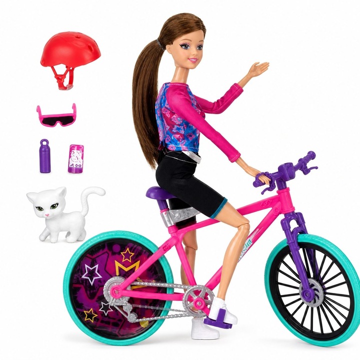 Papusa Sasha 33 cm cu Bicicleta pentru Copii, Papusa Sport cu Accesorii Ciclism Casca si Animalut, Set Jucarie Fashion cu Bicicleta pentru Joaca si Colectie, Cadou Ideal pentru Fetite 3+ Ani, Roz