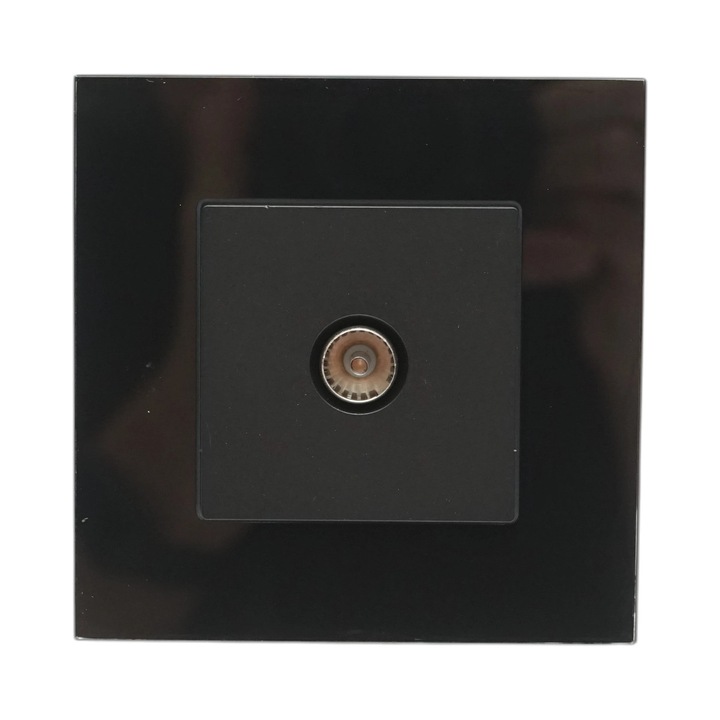 Priza TV neagra 86 x 86 mm cu rama din sticla, conector antena coaxial si montaj incastrat pentru perete