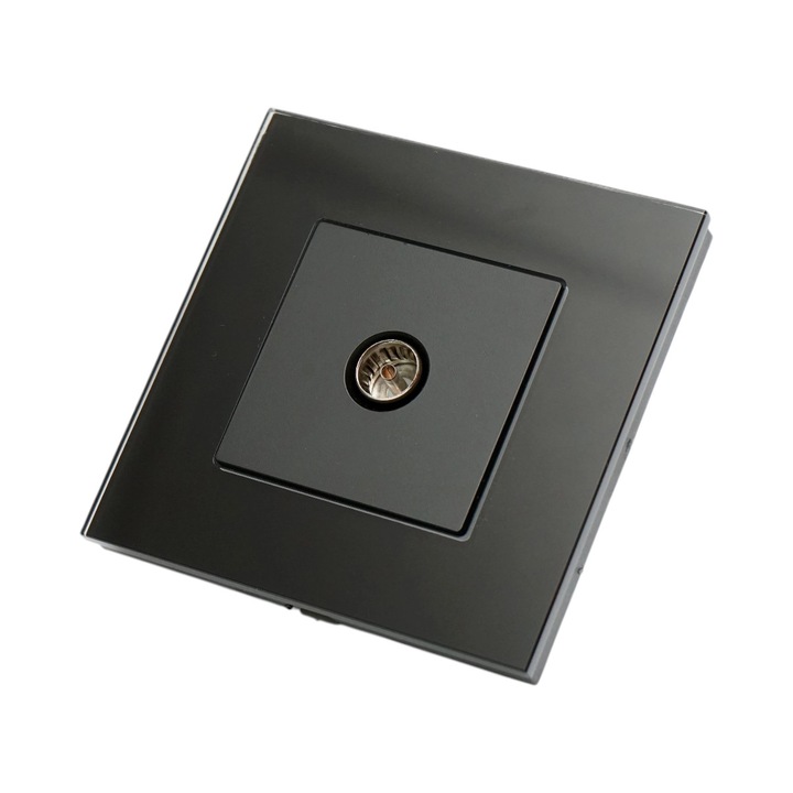 Priza neagra 86 x 86 mm TV coaxiala cu rama din sticla, conexiune antena pentru televizor si instalare incastrata in perete
