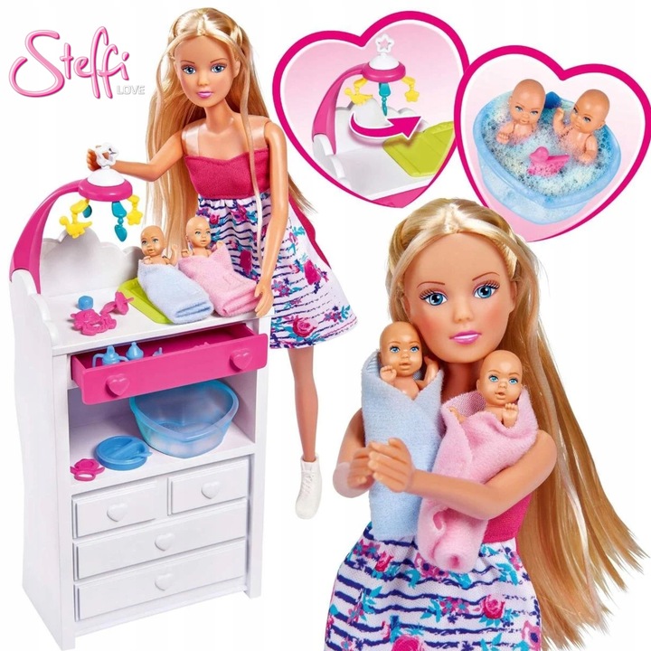 Papusa Steffi Love Sarcina Dubla cu 2 Bebesi si Accesorii