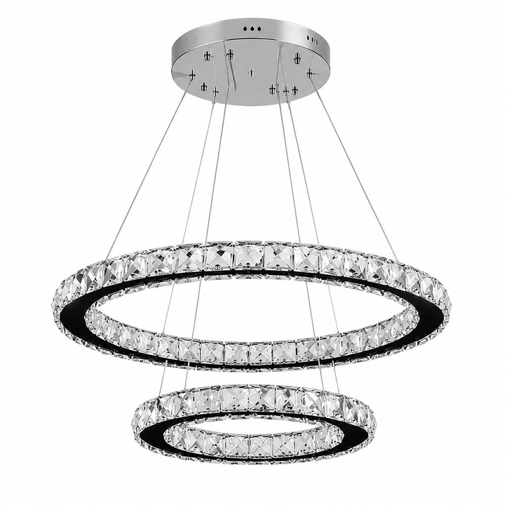 Lustra LED cu telecomanda si cristal PRISM LUMINIS 58W, 2 Cercuri, lumina Rece/Calda/Neutra, Dimabila, Crom si Alb, Inaltime Reglabila