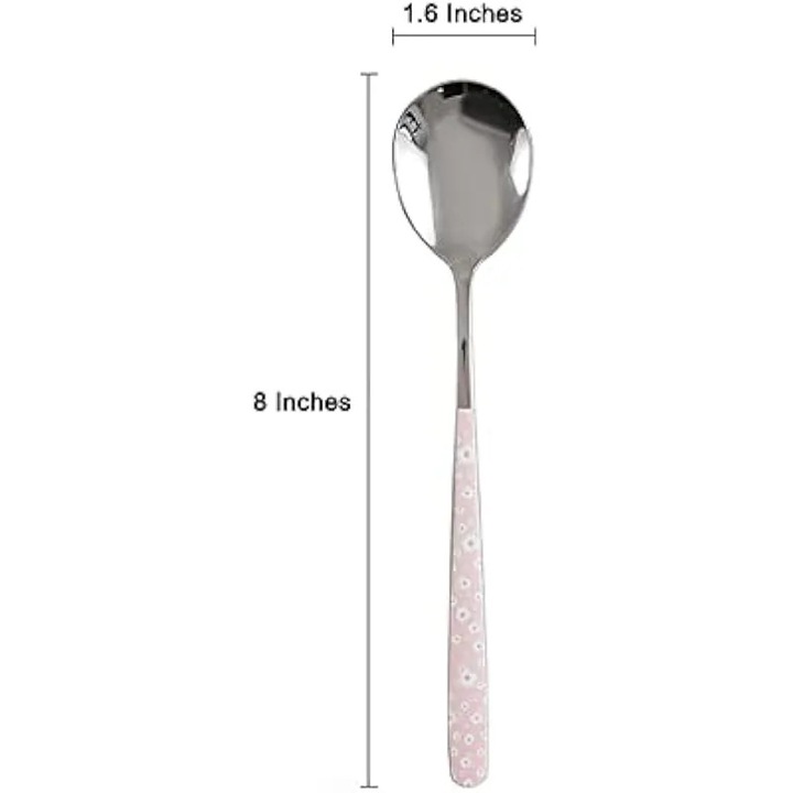 Lingura de supa din otel inoxidabil, lingura de desert coreeana, lingura cu margarete roz in culori mixte pentru casa, bucatarie sau restaurant, set de 4 lingurite de supa cu margarete roz