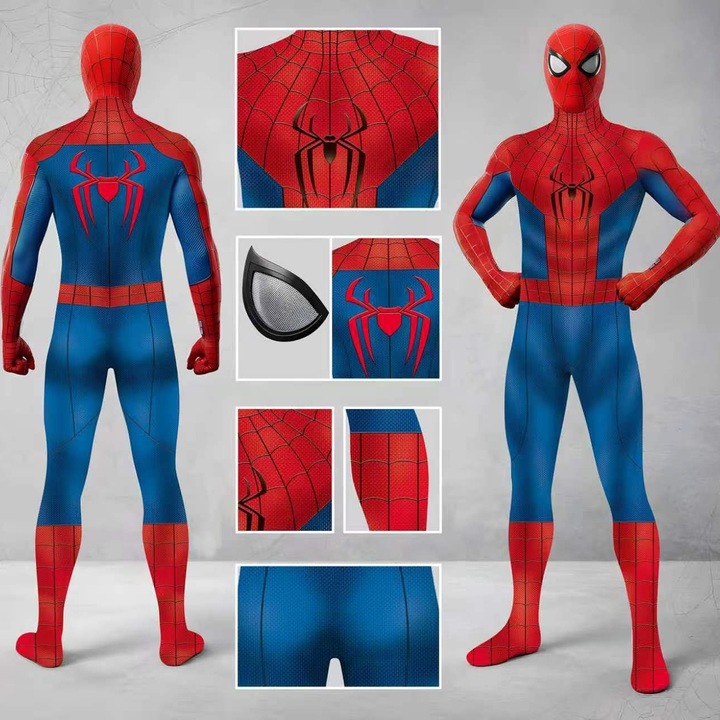 Костюм за косплей от спандекс Spider-Man Peter Parker с отделяща се маска, червен/син, S (155-165 см)