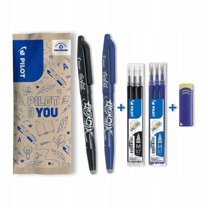 Комплект 2 химикалки Pilot Frixion 0.7mm, 6 пълнителя, гума, черен/син