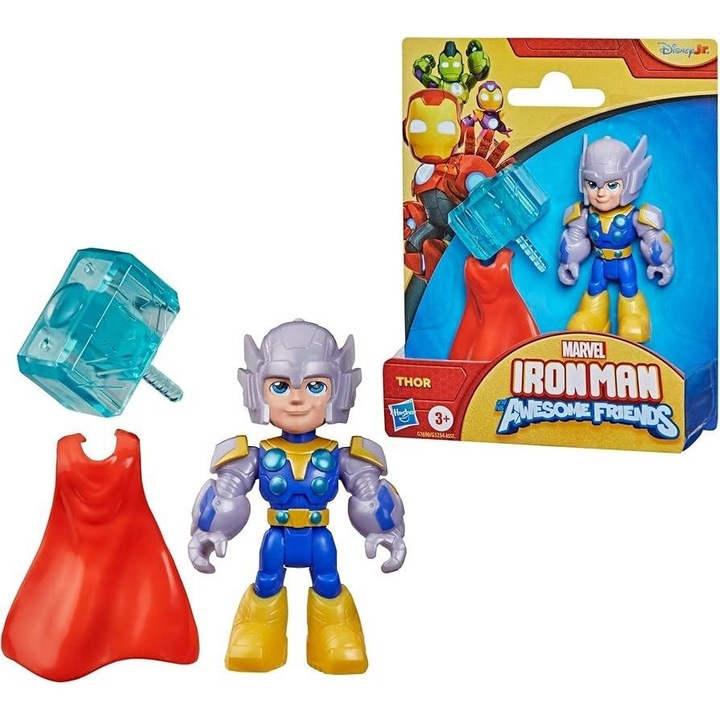 Фигурка Тор Hasbro Marvel Awesome Friends, винил, 7,6 см, многоцветна, с чук и пелерина, 801464
