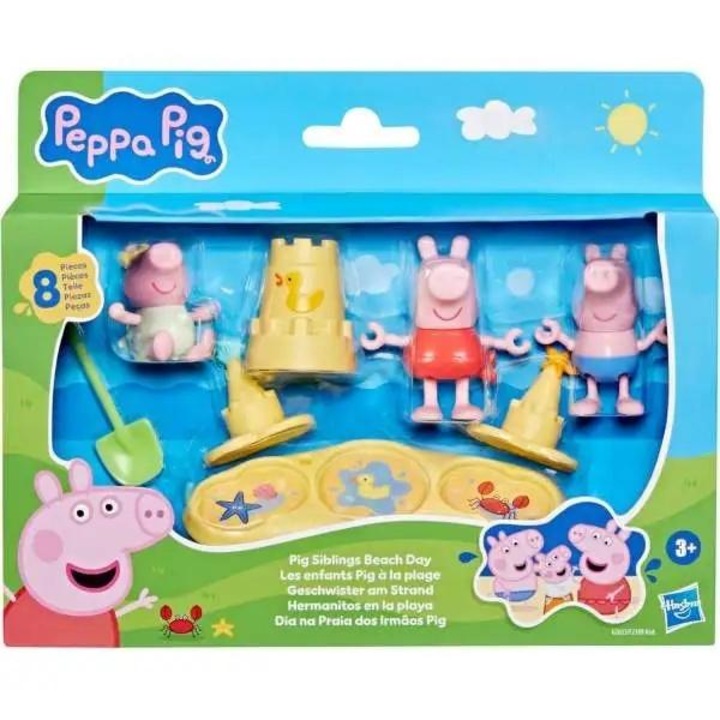 Комплект фигурки Hasbro Peppa Pig Pig Siblings Beach Day, винил, многоцветен, 8 части, 3+ години, модел 801526