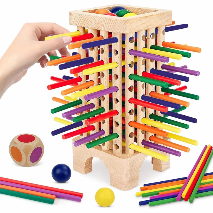 Jucarie educativa Montessori k0518-260902-017, din lemn cu bete colorate, bile si zar, multicolor, pentru 3-6 ani, pana la 6 jucatori