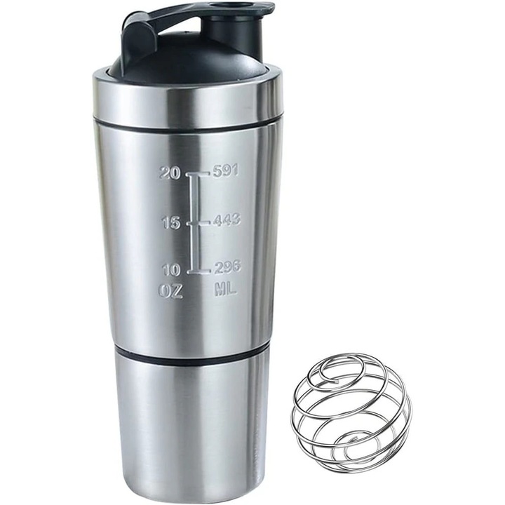 Shaker pentru proteine k0518-260902-064, inox 600 ml cu bila de amestec din inox, capac etans, fara BPA, argintiu
