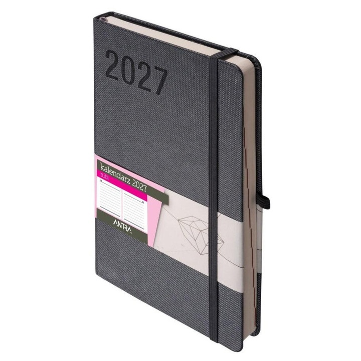 Agenda zilnica Antra Rubi 2027 A5, coperta grafit, cu elastic si suport pentru pix, 805563