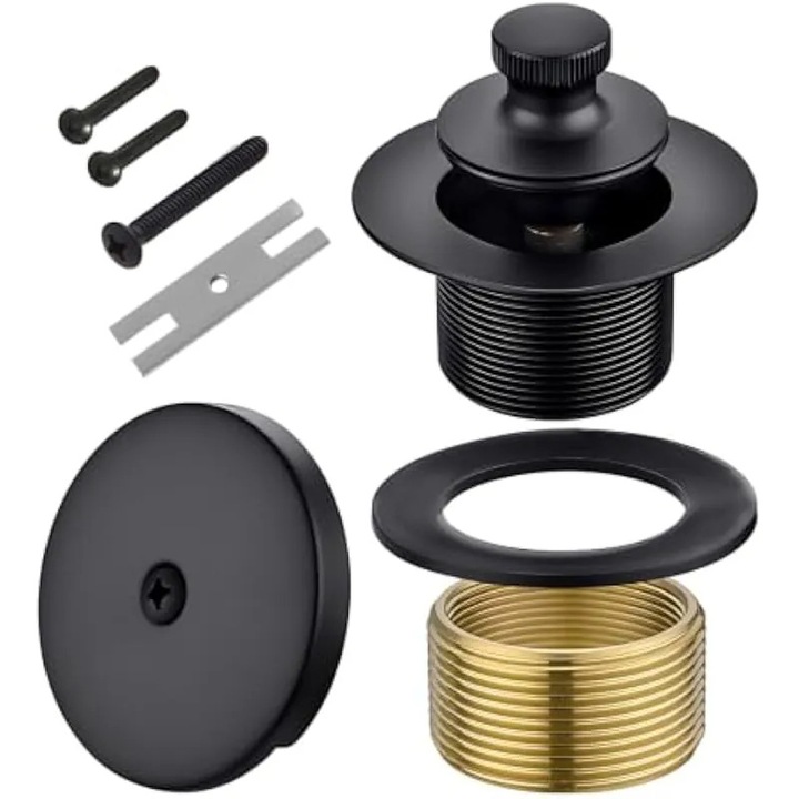 Set de finisaje pentru cada cu placa frontala cu preaplin cu 2 gauri, sifon pentru cada cu ridicare si rotire si kit de conversie a cazii, dop pop-up negru mat, ansamblu de sifon din alama masiva pentru remodelarea si inlocuirea cazii de baie