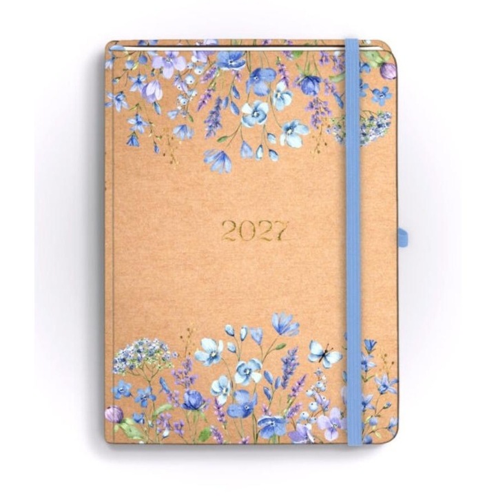 Agenda 2027 Antra Kraft A5 saptamanala, coperta kraft cu motive florale albastre, elastic albastru