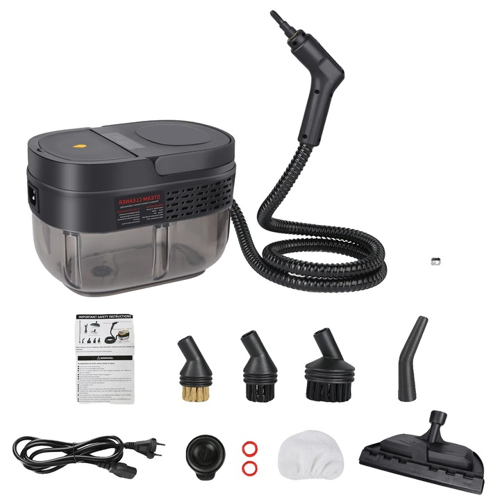 Aparat de curatare cu abur portabil, 1600 ml, 2400–2600 W, rezervor transparent, furtun extensibil 158 in, reglaj abur 3 trepte, negru, model 8785371831386