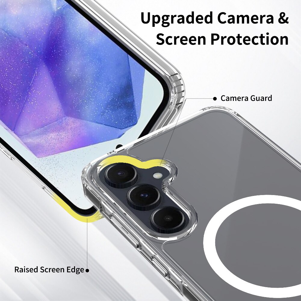 Husa de protectie pentru Samsung Galaxy A54, Omelivon, MagSafe, Anti alunecare, Antisoc, Margini Ridicate pentru Protectia Ecranului si a Camerelor, Spate PC + Margini TPU, Transparent