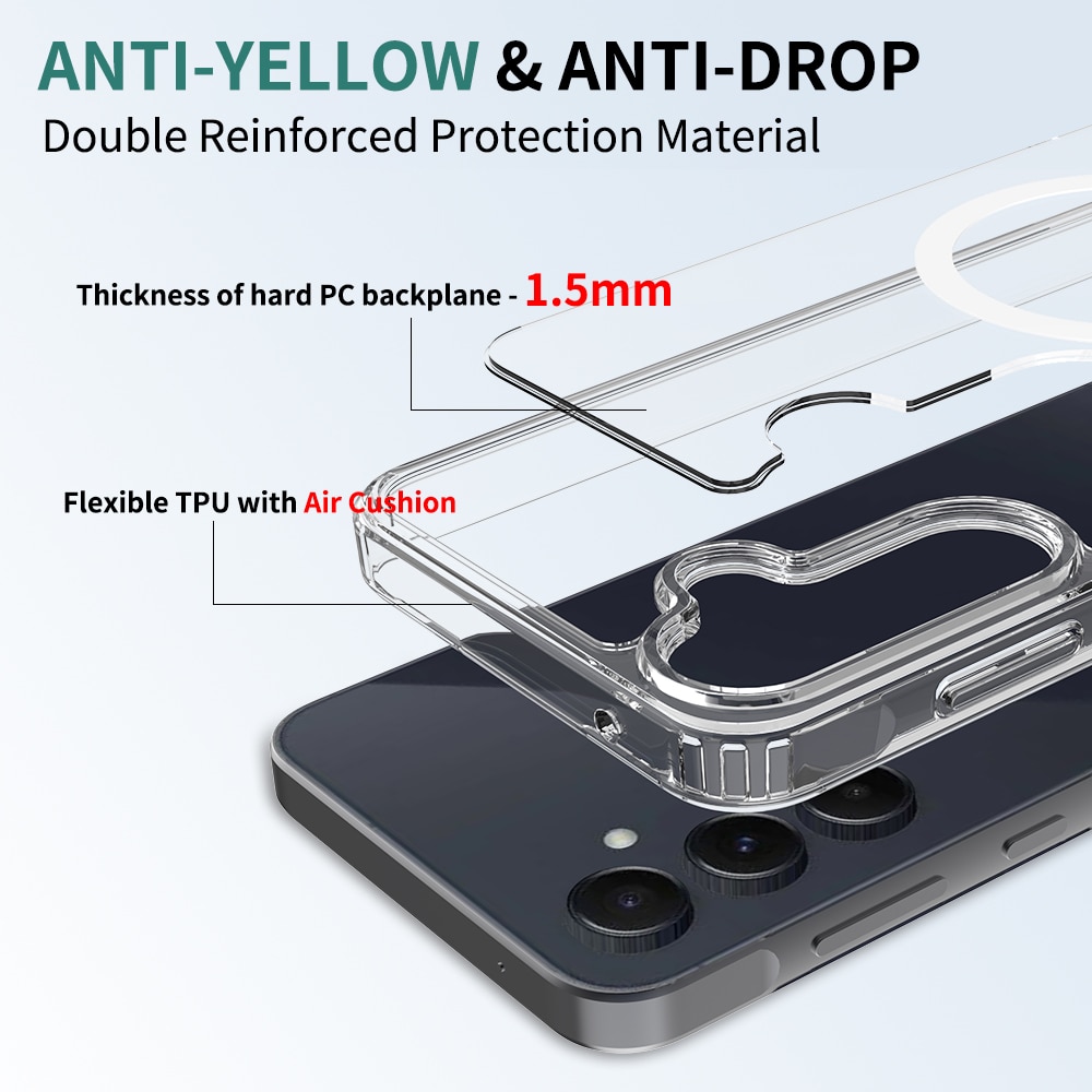 Husa de protectie pentru Samsung Galaxy A54, Omelivon, MagSafe, Anti alunecare, Antisoc, Margini Ridicate pentru Protectia Ecranului si a Camerelor, Spate PC + Margini TPU, Transparent
