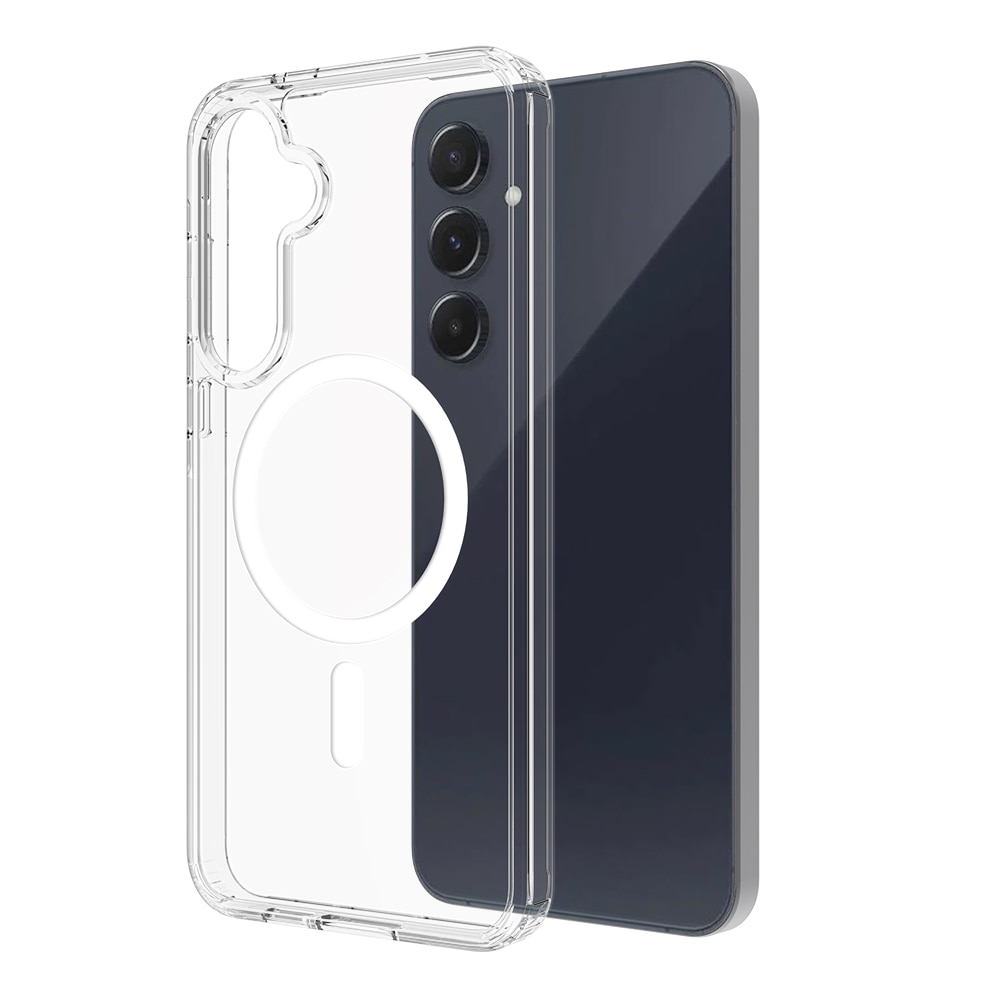 Husa de protectie pentru Samsung Galaxy A54, Omelivon, MagSafe, Anti alunecare, Antisoc, Margini Ridicate pentru Protectia Ecranului si a Camerelor, Spate PC + Margini TPU, Transparent