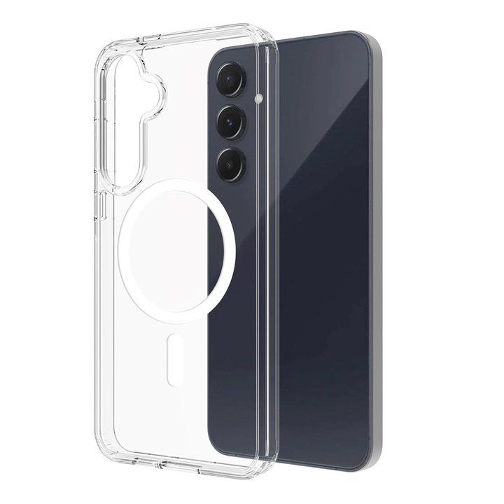 Husa de protectie pentru Samsung Galaxy A54, Omelivon, MagSafe, Anti alunecare, Antisoc, Margini Ridicate pentru Protectia Ecranului si a Camerelor, Spate PC + Margini TPU, Transparent