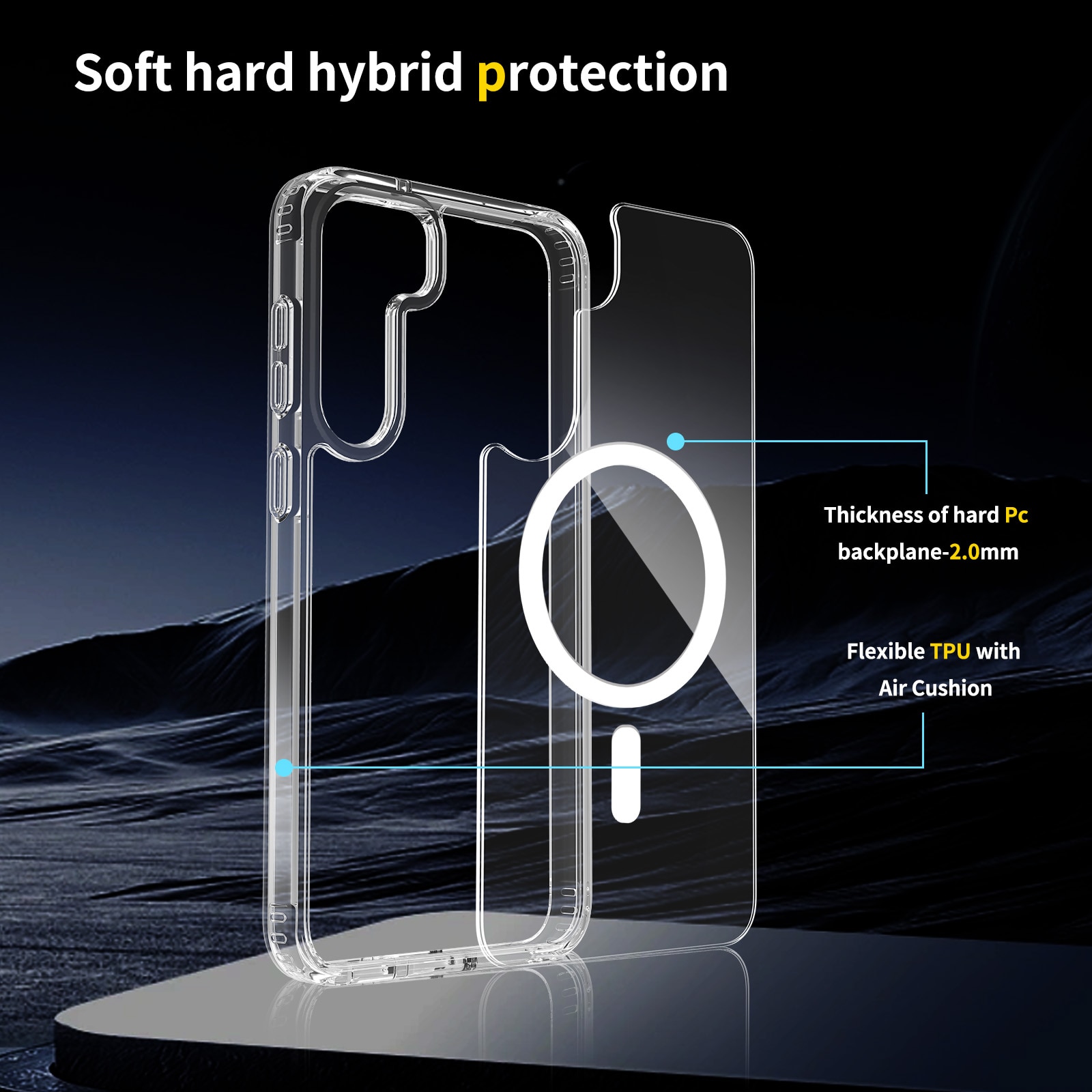 Husa de protectie pentru Samsung Galaxy S22, Omelivon, MagSafe, Anti alunecare, Antisoc, Margini Ridicate pentru Protectia Ecranului si a Camerelor, Spate PC + Margini TPU, Transparent
