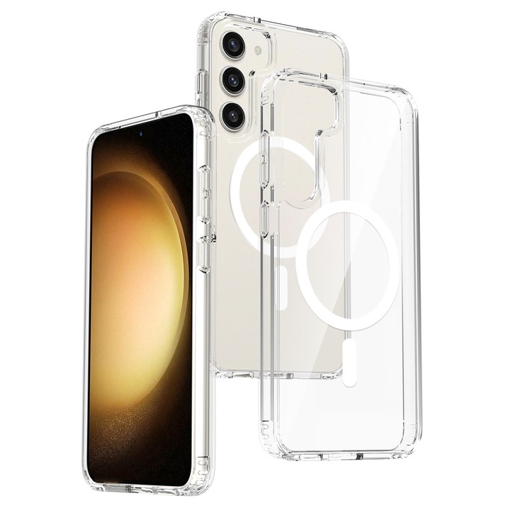 Husa de protectie pentru Samsung Galaxy S22, Omelivon, MagSafe, Anti alunecare, Antisoc, Margini Ridicate pentru Protectia Ecranului si a Camerelor, Spate PC + Margini TPU, Transparent