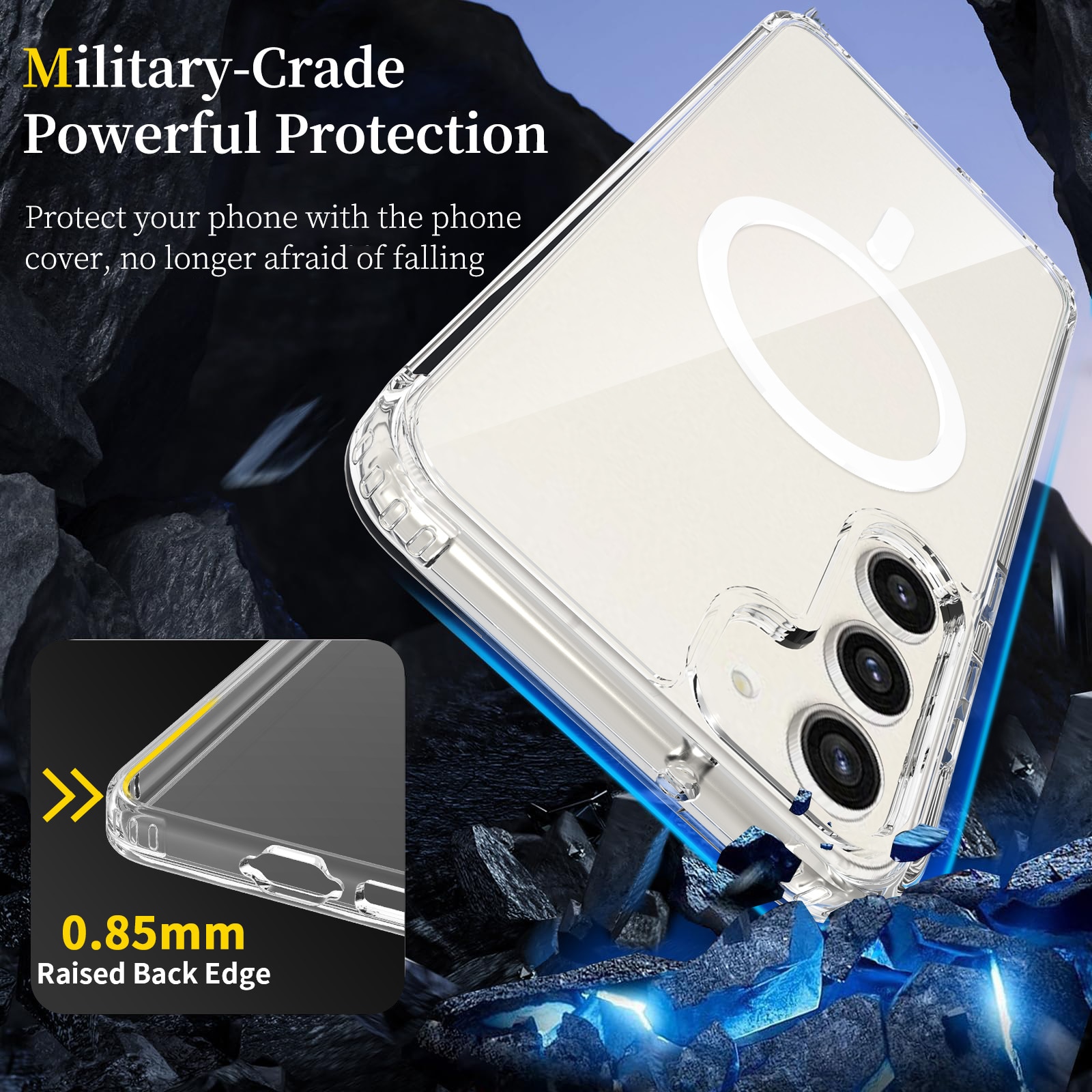 Husa de protectie pentru Samsung Galaxy S22, Omelivon, MagSafe, Anti alunecare, Antisoc, Margini Ridicate pentru Protectia Ecranului si a Camerelor, Spate PC + Margini TPU, Transparent