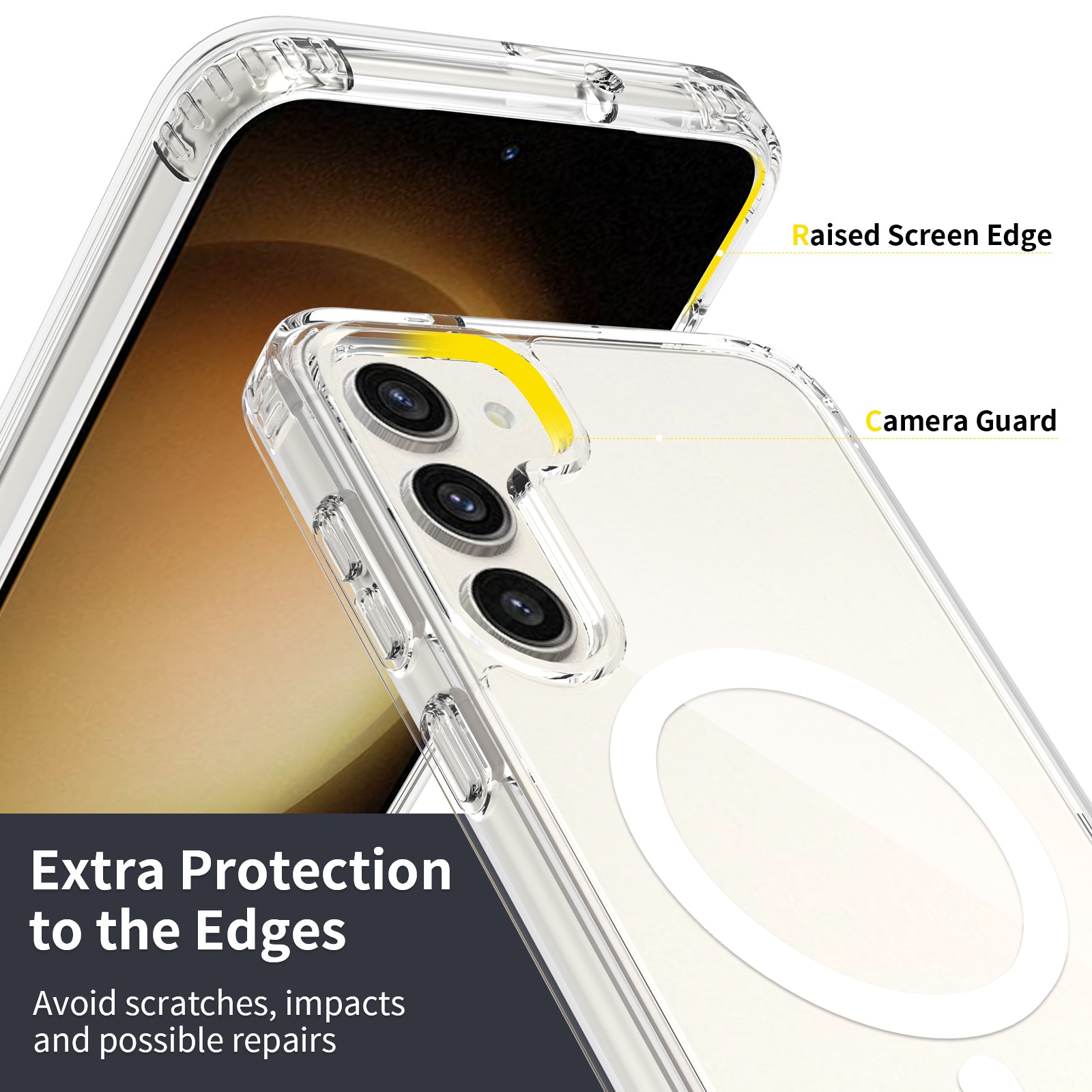 Husa de protectie pentru Samsung Galaxy S22, Omelivon, MagSafe, Anti alunecare, Antisoc, Margini Ridicate pentru Protectia Ecranului si a Camerelor, Spate PC + Margini TPU, Transparent