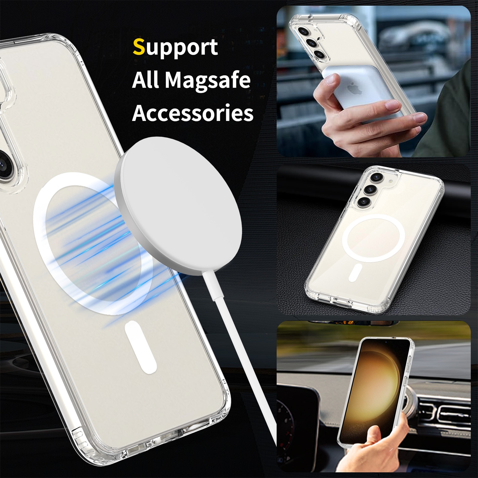 Husa de protectie pentru Samsung Galaxy S22, Omelivon, MagSafe, Anti alunecare, Antisoc, Margini Ridicate pentru Protectia Ecranului si a Camerelor, Spate PC + Margini TPU, Transparent